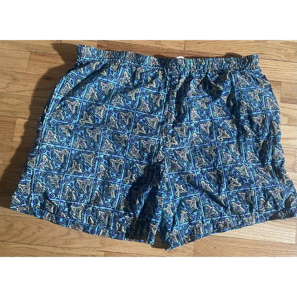 Vintage 90s Ocean Blue Geometric Swim Trunks Shorts Mens Vaporware Retro Surf XL